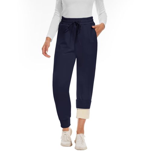 CAMPSNAIL Fleece Lined Sweatpants Women - Joggers for Women with Pockets High Waisted Thermal Winter Warm Pants for Snow 3#navy Blue Large