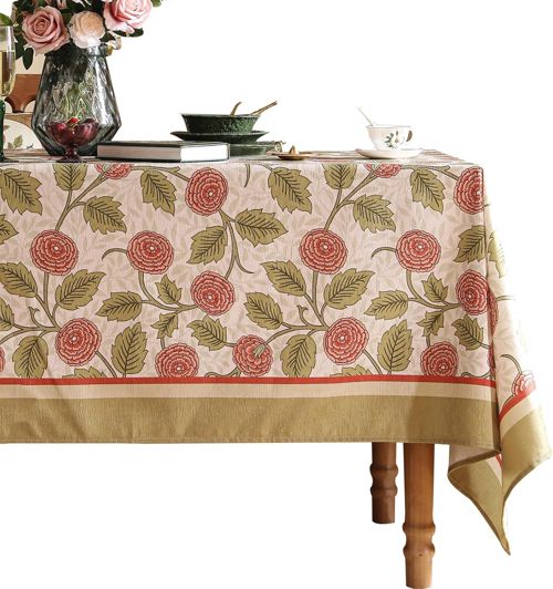 Luxury Velvet Decor Table Cloth Rectangle Table,Pink Floral with Daisy and Leaves Pattern Table Cover,Fabric Decoration Tablecloth for Kitchen,Parties