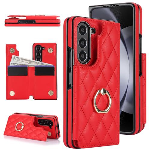 for Samsung Galaxy Z Fold 5 Wallet Case with Ring and Credit Card Holder, Cash Slot, Premium Diamond Leather Magnetic Clasp Kickstand Heavy Duty Protective Cover.(Red)