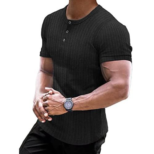 Muscle Cmdr Men's Ribbed Henley Shirt Slim Fit Muscle Shirt Fitted Cotton Short&Long Sleeve Casual T-Shirt Small 01black_short