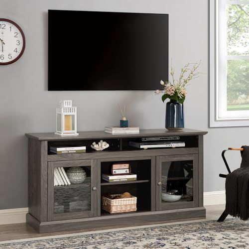 Farmhosue Wood TV Stand: Rustic TV Cabinet with Glass Doors for 65" TV | Spacious Tall Dark Walnut Entertainment Center with Storage Console and Adjustable Shelves for Living Room TV Stand D