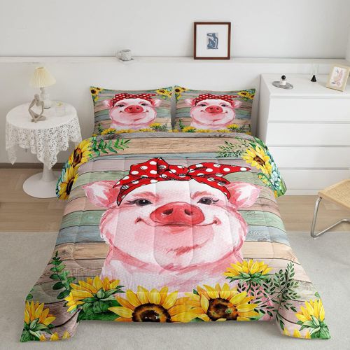 Cartoon Cute Pig Print Bedding Set Animals Comforter Set for Kids Boys Girls Teens Wooden Sunflower Floral Comforter Duvet Set Room Decor Quilt Full Size Boys Multi 29 Full