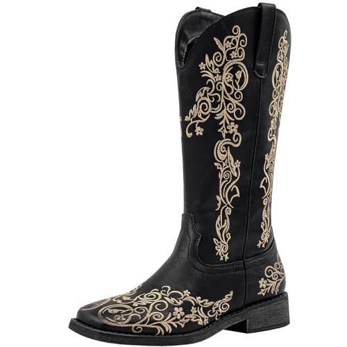 SheSole Women's Square Toe Cowboy Boots Floral Embroidered Cowgirl Western Boots Wide Calf 6 Black