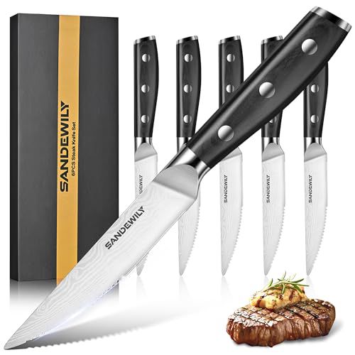 Steak Knives Set of 6 - Serrated Sharp Blade,Japanese Steak Knives,Full Tang Design,Black Pakkawood Handle Stainless Steel Flatware Cutlery- Gift for Family and Friends,Silver 6PCS Steak Kni