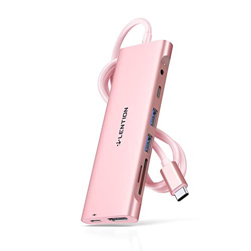 LENTION 3.3FT Long Cable USB C Hub with 4K HDMI, 2 USB 3.0, Card Reader, Aux, Type C Data/Charging Compatible 2023-2016 MacBook Pro, Mac Air/Surface, More, Stable Driver Adapter (CB-C37, Ros