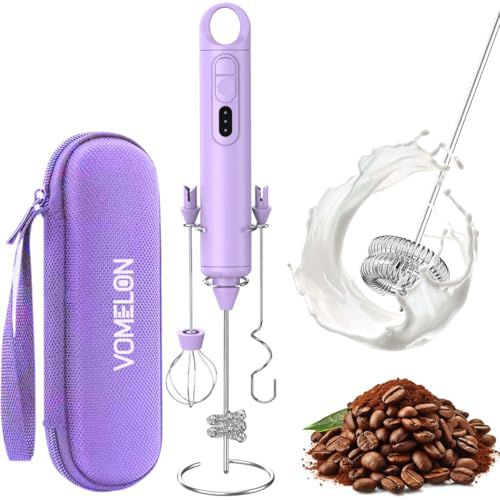 Rechargeable Milk Frother Handheld 3 Speed Coffee Foamer [3 Whisk] Electric Drink Mixer for Latte, Cappuccino, Coffee, Eggs, Hot Chocolate, Purple