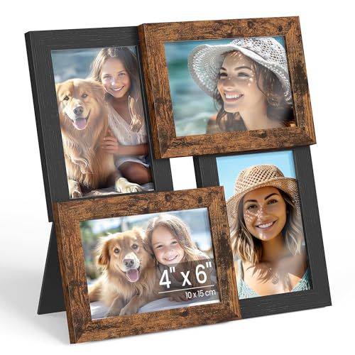 SONGMICS 4x6 Collage Picture Frames, Family Photo Collage Frame Set of 4 for Wall Decor, Glass Front, Wall Hanging or Tabletop, Ash Black and Rustic Brown URPF025K01 Ash Black + Rustic Brown