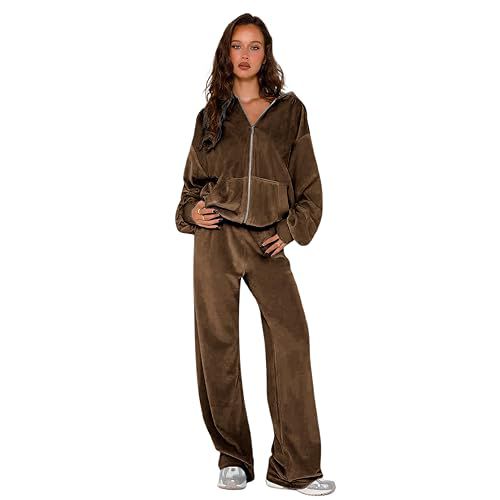 yidengymx Womens 2 Piece Velour Tracksuit Two Piece Soft Velvet Hooded Outfits for Women X-Small Hoodie/Straight Pants-brown