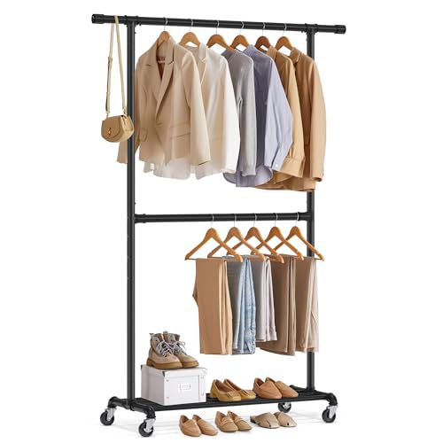 SONGMICS Heavy-Duty Clothes Rack, Double-Rod Clothing Rack for Hanging Clothes, Industrial Garment Rack on Wheels, Adjustable Metal Frame, 2 Casters with Brakes, Commercial Display, Black UH