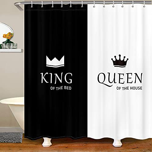 Crown Queen and King Cloth Fabric Bathroom Decor His and Hers Matching Couple Bath Curtain Lover Romantic Valentine's Day Presents Shower Curtain Black and White Shower Curtain with Hooks 72