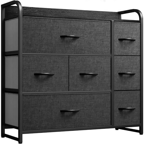 YITAHOME Dresser with 7 Drawers Storage Tower, Organizer Unit for Bedroom, Living Room, Hallway, Closets & Sturdy Steel Frame, Wooden Top & Easy Pull Fabric Bins Black Ash Grey