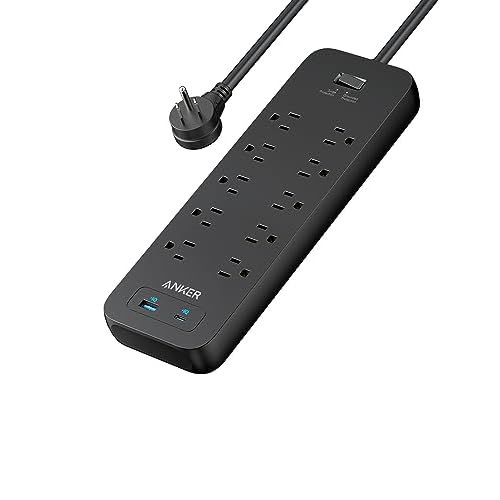 Anker Power Strip Surge Protector(2100J), 6Ft/1.8m Extension Cord with 10 Outlets and 2 USB Ports,for iPhone 15/15 Plus/15 Pro/15 Pro Max,Flag Plug,Wall Mount Holes for Home,Office,ETL Liste