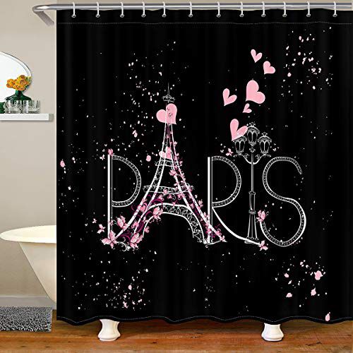 Eiffel Tower Bath Curtain Chic Paris Shower Curtain Romantic Theme Bathroom Shower Curtain Set for Stalls Bathtubs Black Pink Bedroom Decor Modern French Style Waterproof Bathroom Curtains 7