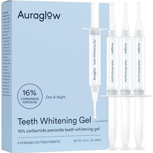 Auraglow 16% Overnight Teeth Whitening Gel Syringe Refills, 16% Carbamide Peroxide, Overnight Teeth Whitening Gel, 30 Whitening Treatments, (3) 5mL Whitening Gel Syringes, Contains Potassium