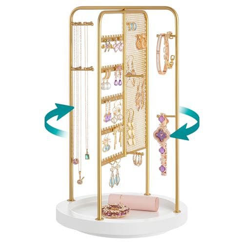 SONGMICS Jewelry Stand, Rotating Jewelry Display, 4 Independent Sections, Metal Frame, with Bottom Tray, Jewelry Organizer for Necklaces, Bracelets, Earrings, Rings, Gift Idea, Gold UJJS023A