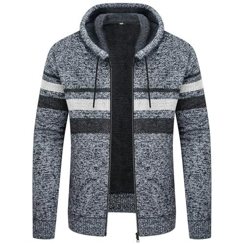 V VALANCH Mens Fleece Jacket Full Zip Hoodies Sherpa Lined Hooded Jacket Thick Knitted Cardigan Sweaters Outerwear 3X-Large Deep Grey