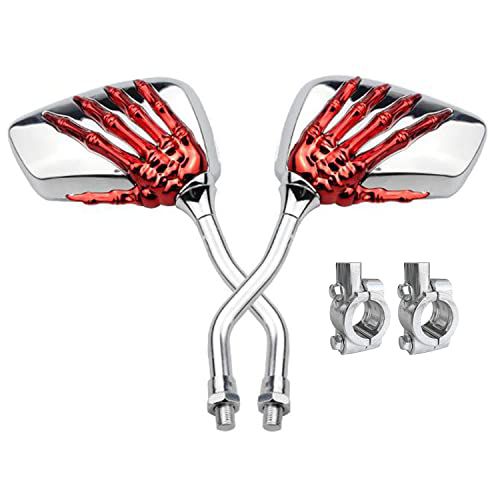 Pairs of Distinctive Skull Skeleton Hand Bicycle Mirror, Rearview Side Mirror Handlebar Mirror Mount Holder Clamp Adaptor 10mm for Scooter Moped Bike Standard Bike Motorcycle red