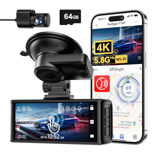 REDTIGER 4K Dash Cam Front and Rear, STARVIS 2 Sensor, Touch Screen 3.18", 128GB Card Included, Voice Control, 5.8GHz WiFi Car Dash Camera, GPS, Night Vision, Emergency Lock, Parking Mode (F