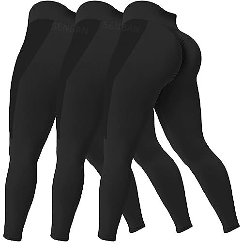 SENBAN 3 Piece Seamless Scrunch Leggings for Women High Waist Workout Athletic Yoga Pants Butt Lifting Booty Tights Large Black Black Black