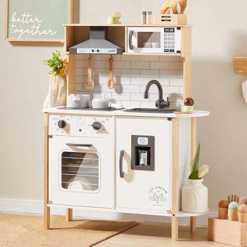 Tiny Land Play Kitchen for Kids, Wooden Kids Play Kitchen Playset Chef Pretend Play Set for Toddlers with Real Lights & Sounds, Toys Kitchen with 18 Pcs Toy Food & Cookware Accessories White