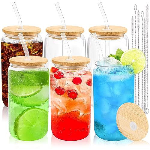 Joyclub Glass Cups with Bamboo Lids and Straws 6 Set 16 oz Reusable Iced Coffee Cup Beer Can Drinking Jars for Smoothie Whiskey Boba Soda Tea Gift