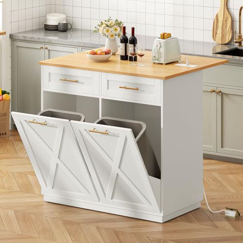 YITAHOME Double Tilt Out Trash Cabinet 10 Gallon with Drop Leaf & Power Outlet, Rolling Kitchen Island Trash Can Recycling Cabinet w Drawer, Pet Proof Garbage Bin Storage for Kitchen, White 