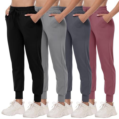 CAMPSNAIL 4 Pack Joggers for Women - Sweatpants with Pockets Lightweight Comfy Yoga Pants for Workout Travel Lounge 2#black/Light Grey/Dark Grey/Pink Large