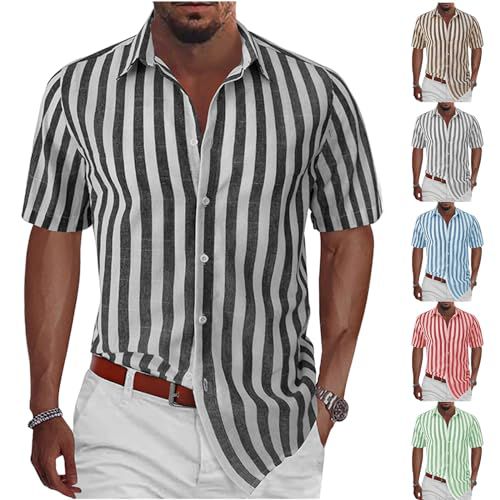 FQFGGYD Summer Beach Shirts for Men Casual Striped Short Sleeve Linen Lounge Sports Polo Shirt Baggy Hawaiian Vacation Shirts Black