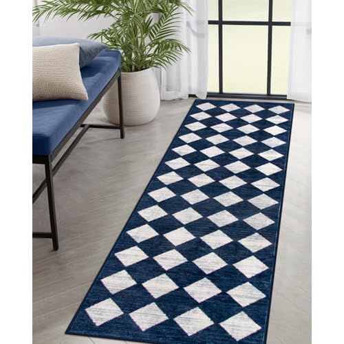 Lahome Checkered 2x8 Hallway Runner Rug,Soft Kitchen Runner Rugs Non Skid Washable,Blue Bathroom Carpet Runner,Moroccan Trellis Low Pile Rug Runner for Entryway Laundry Room Foyer(2'x8',Blue