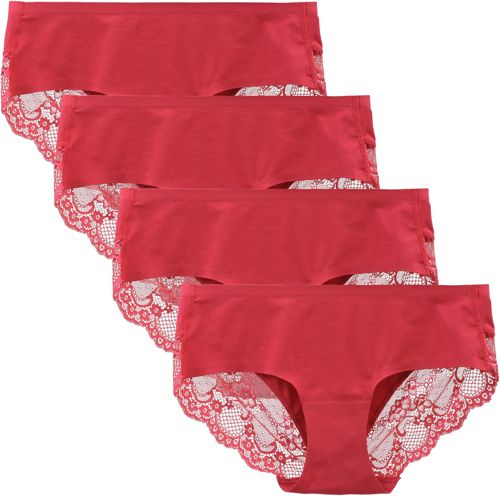 Women's 4 Pack Cotton Lace Coverage Seamless Brief Panty Underwear X-Large Red