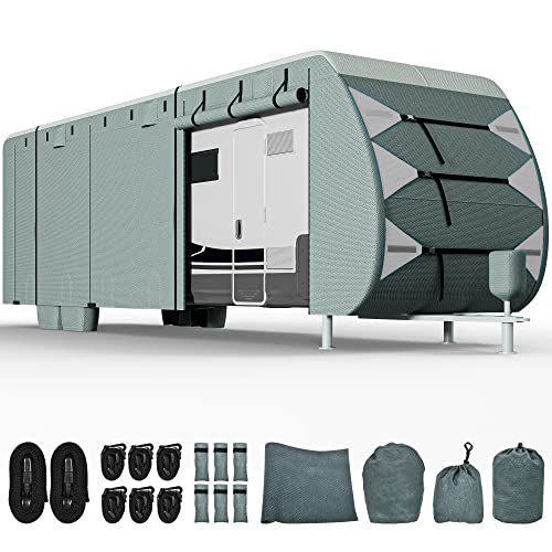 YITAHOME Travel Trailer RV Cover Camper Cover 27-30ft Super Thick Waterproof Windproof Anti-UV Rip-Stop Motorhome Covers with 2 Long Straps 4 Tire Covers Tongue Jack Cover
