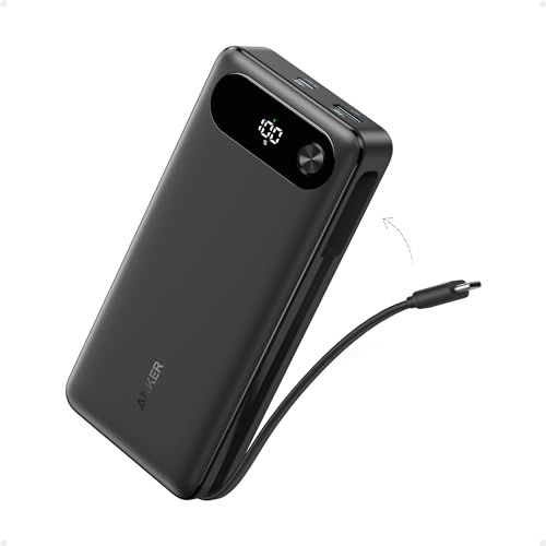 Anker Power Bank, 20,000mAh Travel Essential Portable Charger with Built-In USB-C Cable, 3-Port 87W Max Fast Charging Battery Pack, for MacBook, iPhone 16/15 Series, Samsung, Switch, and Mor