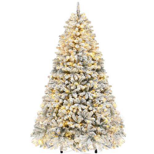 YITAHOME Prelit Snow Flocked Artificial Full Christmas Tree, 7.5ft Christmas Pine Tree with 1346 Branch Tips, 8 Light-Modes, and Foldable Base for Home, Party Decoration White 7ft 6in