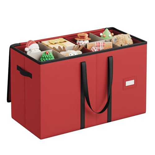 SONGMICS Christmas Figurine Storage Box for 15-Inch Figurines and Nutcrackers, Holiday Decor Organizer with Adjustable Dividers, 8 Slots and 2 Pockets, Dual Zippers, Cherry Red URFB041R01