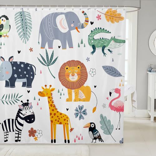 Kids Zoo Animal Bath Curtain Cute Wild Animals Shower Curtain Cartoon Safari Wild Bathroom Shower Curtain Set Boys Girls Bedroom Decor Exotic Natural Waterproof Shower Curtain with Hooks 72x