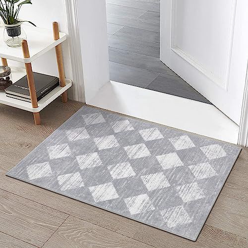 Lahome Moroccan Trellis Area Rug - 2x3 Small Throw Rugs for Kitchen Sink Washable Rugs for Bedroom, Checkered Soft Non Slip Bathroom Rug for Living Room Doorway Powder Room, Grey 2' x 3' (Re