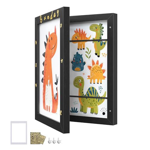 SONGMICS Kids Artwork Frame Changeable, A4, 8.5x11 Art Picture Frame Display for Room Decor, Each Storage up to 150 Drawings, with Mat, Stickers, Non-Trace Nails, MDF, Glass, Ash Black URPF0