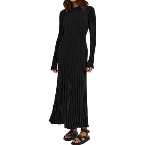 RanRui Womens Winter Fall Pleated Knitted Fit and Flare Long Sleeve Sweater Dress 6-8 D-black