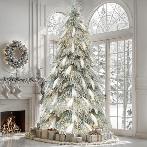 YITAHOME Pre-Lit Flocked Natural Drooping Pampas Christmas Tree, 6ft Snow Flocked Artificial Christmas Tree with 355 PE Branch Tips, 30 Feathers and 400 Lights for Home, Office, Party Decora
