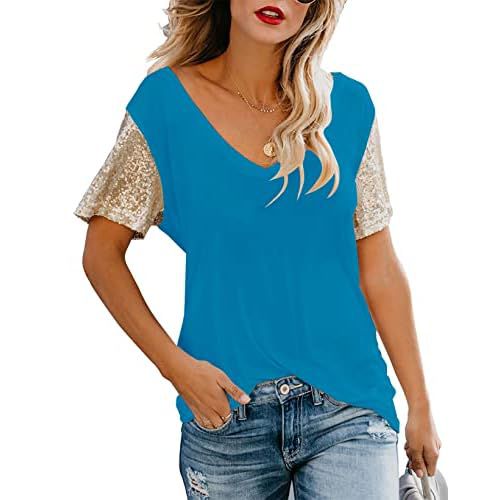 Topstype Women's Sequin Short Sleeve Tee V Neck T Shirts Glitter Sparkles Loose Blouse Tops Small Blue