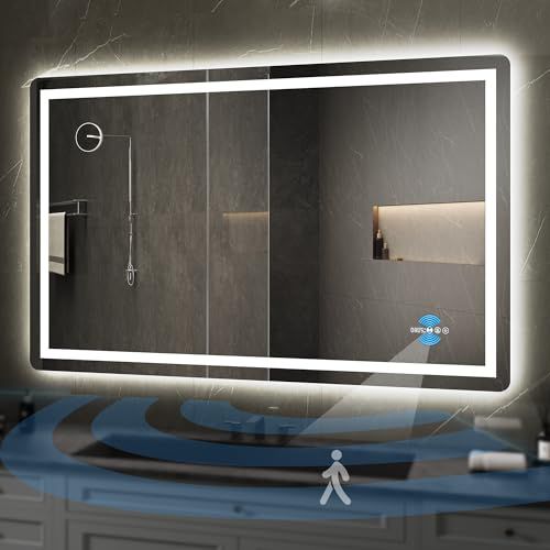 YITAHOME 60 x 36 Inches LED Bathroom Mirror, Front Light and Backlit, Motion Sensor, 10X Magnifying Glass, 3 Colors Dimmable, 5mm Tempered Glass, Anti-Fog, Wall Mounted Mirror-Horizontally O