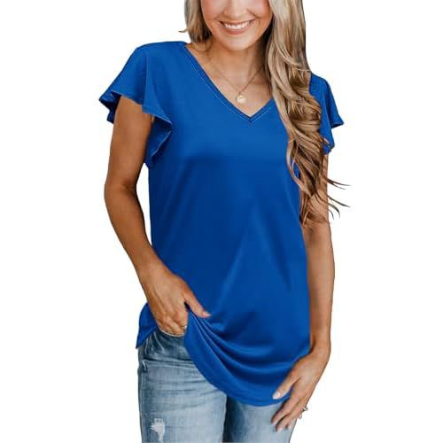 Topstype Flutter Sleeve Tops for Women V Neck Summer Ruffle Short Sleeve T Shirts Loose Fit XX-Large Blue