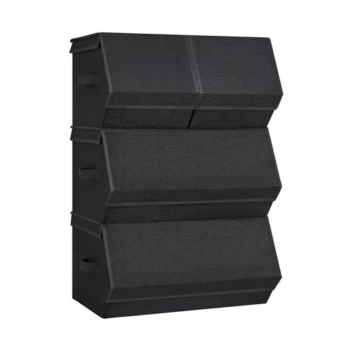 SONGMICS Set of 4 Stackable Storage Bins with Magnetic Closures, Fabric Storage Boxes with Lids, Storage Containers in Wardrobe Closet, Clothes Organizers, Classic Black URLB022B01