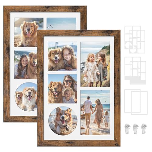 SONGMICS A4 Picture Frame Collage for Wall Decor, Set of 2, 4x6 Multi Photo Frame for Desk, 8x10, 8x12 or 4x4 Photos with 6 Mats, 9x12 Without Mat, Glass Front, 3 Non-Trace Nails, Rustic Whi