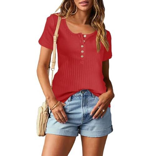 Topstype Short Sleeve Henley Tops for Women Summer T Shirts Trendy Small Red