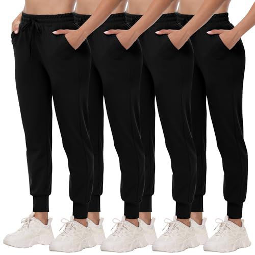 CAMPSNAIL 4 Pack Joggers for Women - Sweatpants with Pockets Lightweight Comfy Yoga Pants for Workout Travel Lounge 3#black*4 Large