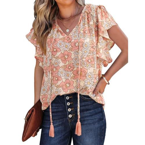 FQFGGYD Women's Summer Dressy Tops Floral Blouses Ruffled Short Sleeve V-Neck Lounge T-Shirts Casual Loose Shirts Flowy Tops Pink