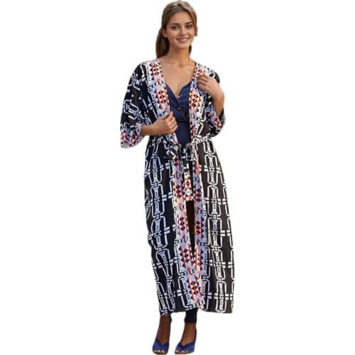 Checked Beach Kimono Cover ups for Women 3/4Sleeve Kimono Duster Light Weight Kimono Cover up Loose Swimwear Cover ups Kimono Robes Open Front Summer Cardigans Beach Cover up with Belt (778 