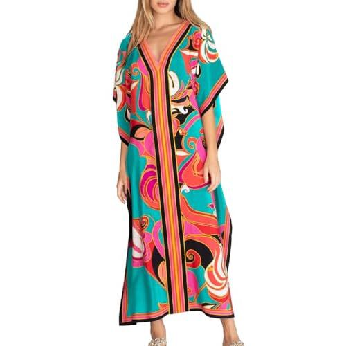 Eddoyee Women Long Print Swimwear Cover Up Sexy V Neck Side Split Beach Caftans Lounge Dresses Cyan