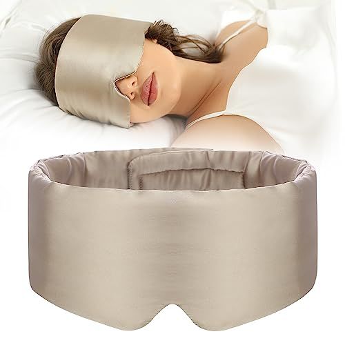 100% Mulberry Silk Sleep Mask Eye Mask for Women Man with Adjustable Band, for Side Sleeper Blackout Sleep Mask for Travel Rest and Office Large Size (Taupe)